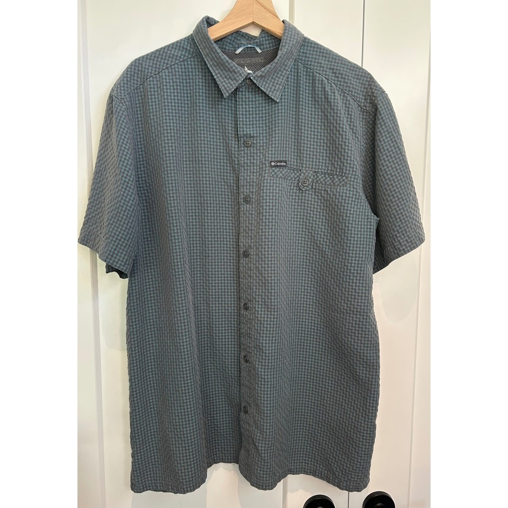 Columbia Mens Plaid Short Sleeve Button Down‎ Shirt Grey Teal Modal Blend XL